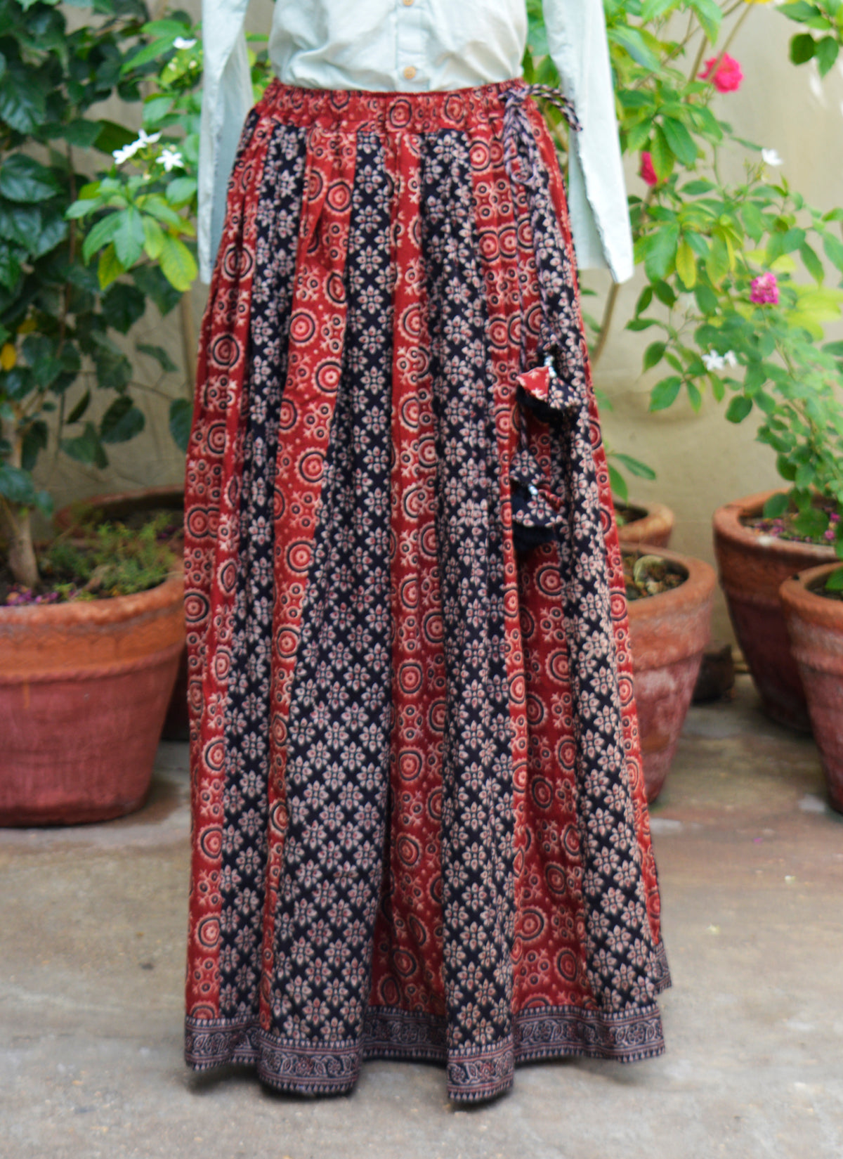 Red and black Floranza Ajrak patchwork skirt with 5 meter flare adjustable waist