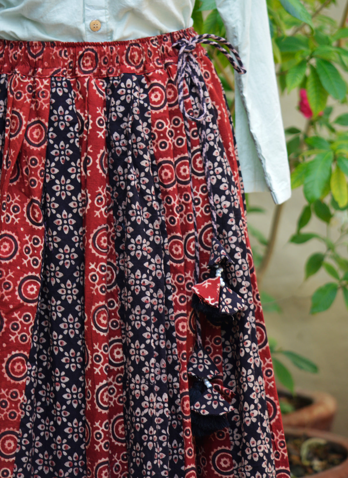 Premium Ajrak maxi skirt red black Floranza patchwork traditional design