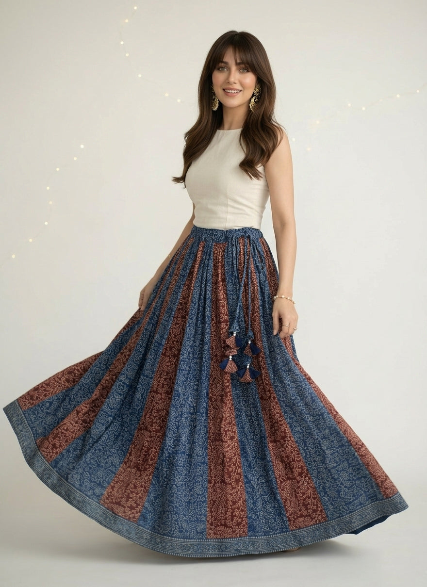 Ajrak patchwork indigo maroon floral boho skirt hand block printed lawn with tassel dori