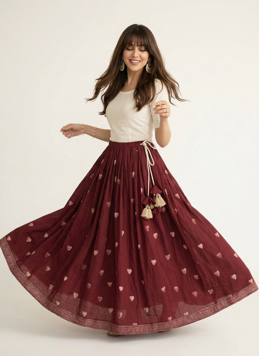 Ajrak Crimson Heart Boho Skirt – Hand Block Printed Lawn Maxi with Tassel Dori