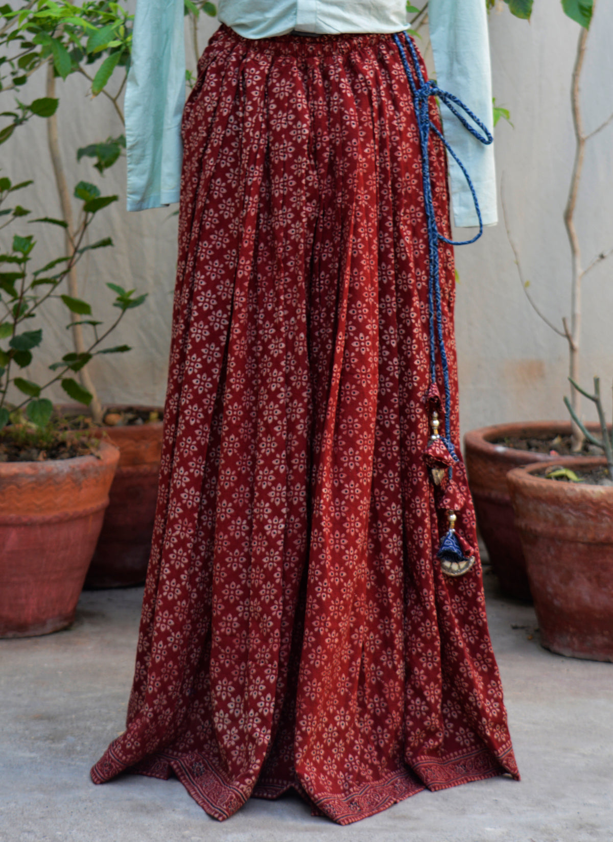 Lawn Ajrak skirt with 5 meter flare and gotta tassel waist dori