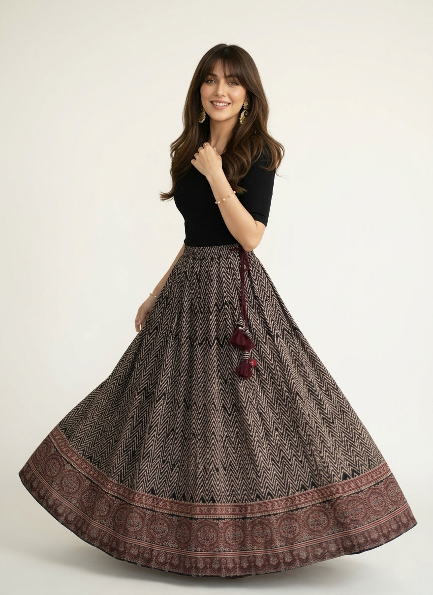 Ajrak Zigzag boho maxi skirt with maroon thread tassel dori hand block printed lawn