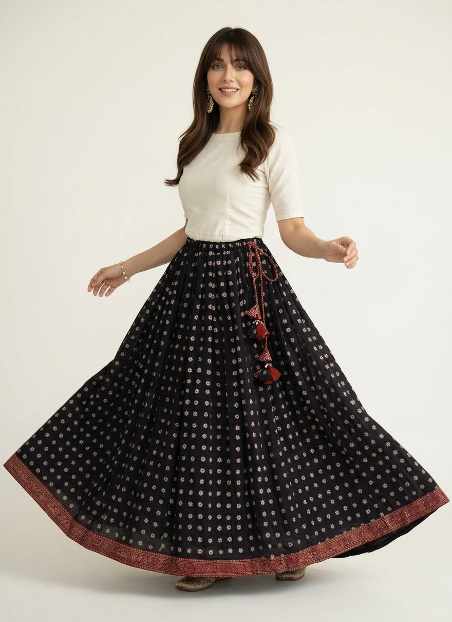 Ajrak Skirt Black Cosmic Diamonds – Red Floral Ajrak with Tassel Dori | Lawn Ajrak Design Dress