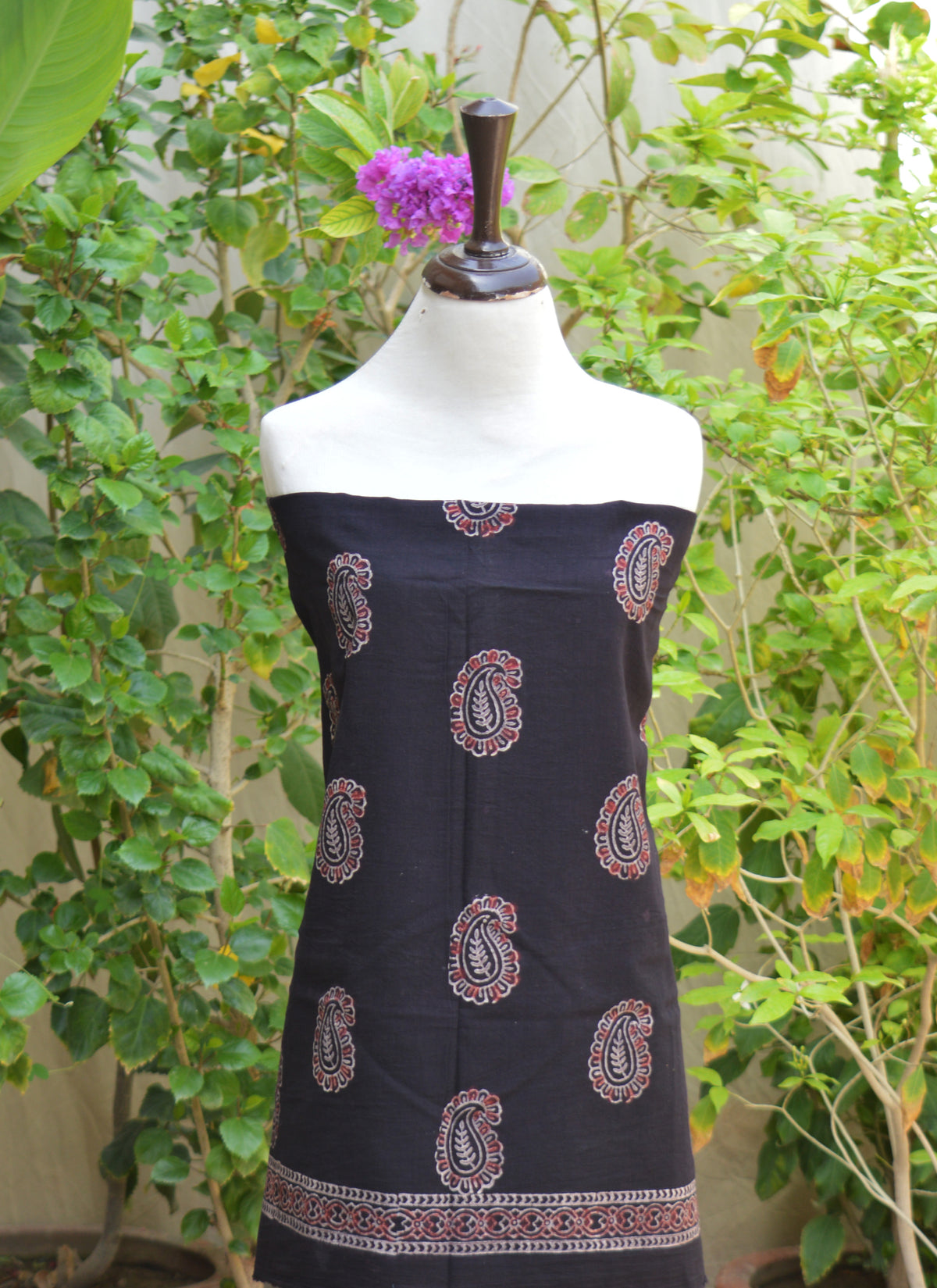 Unstitched black base Ajrak lawn shirt and dupatta with authentic Two Tone Anbi hand block print