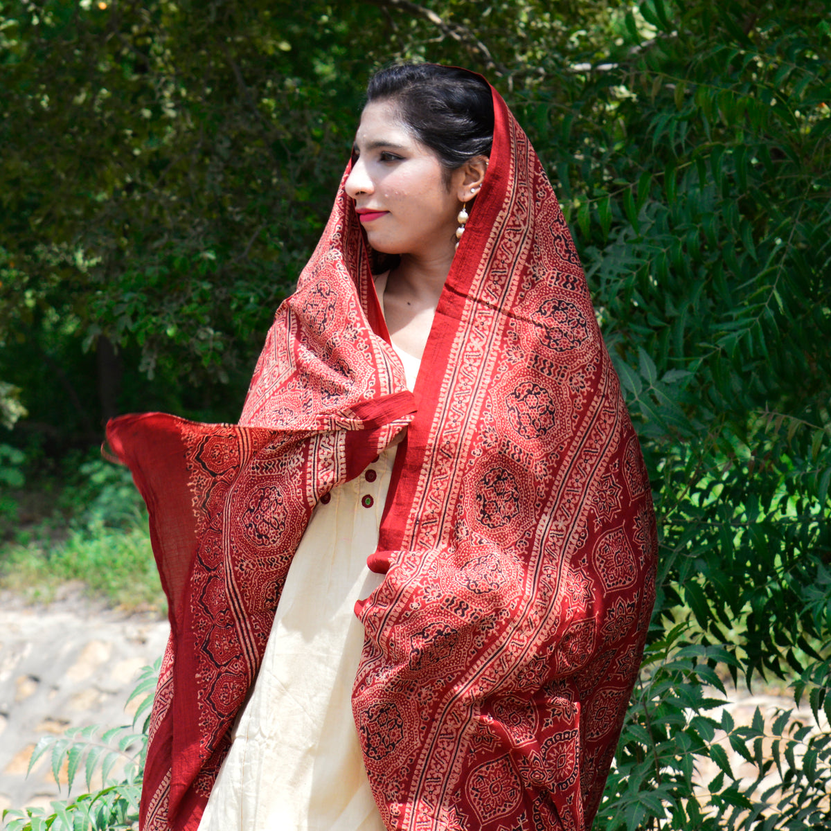 Red hand block printed Ajrak fabric – breathable cotton with eco-friendly dyeing