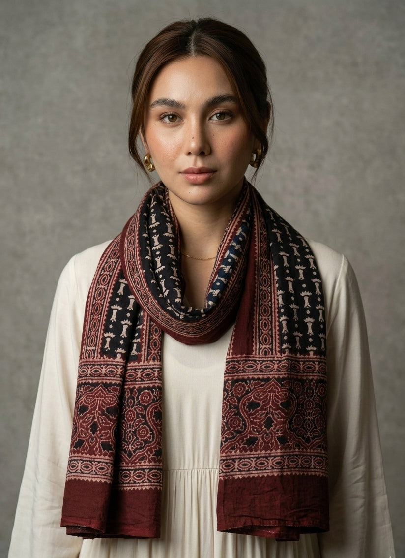 Handmade Ajrak Black Bone scarf crafted with organic dyes and block printing