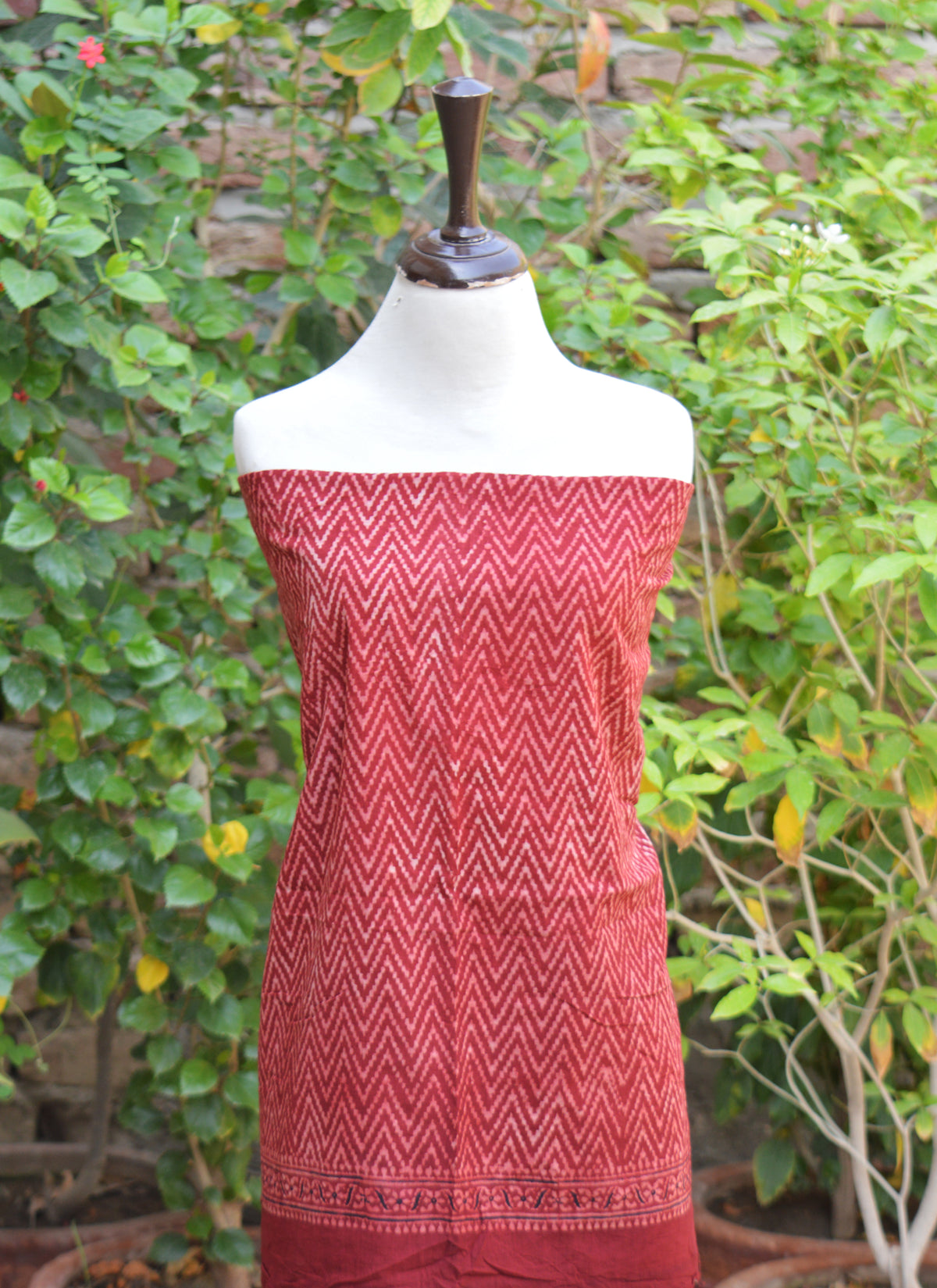 Traditional Sindhi Ajrak red zigzag shirt and matching dupatta in lightweight breathable lawn fabric