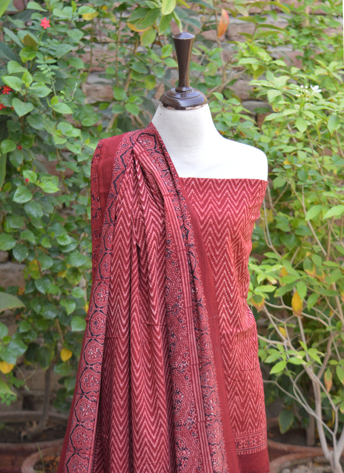 Red Zigzag Ajrak Design Dress in premium lawn fabric with traditional natural dye hand block printing