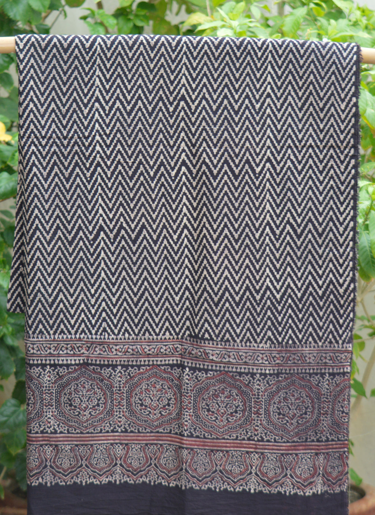 Black zigzag Ajrak lawn fabric with border panel and traditional hand block printing