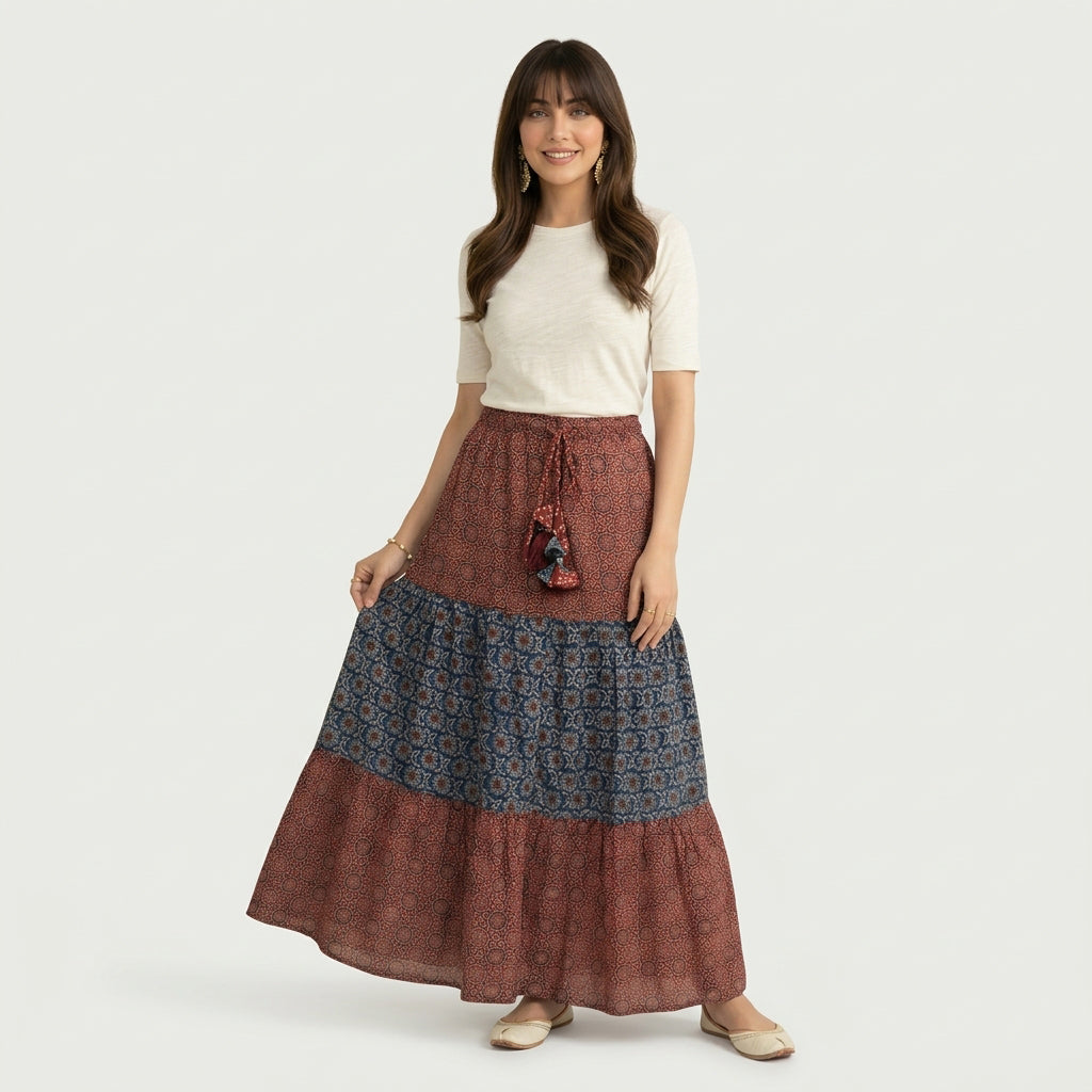 Ajrak long skirt with traditional hand block printed patterns