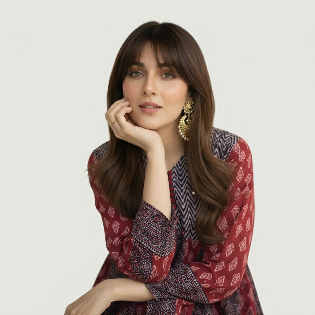 Anarkali style Ajrak maxi dress with a graceful flared silhouette