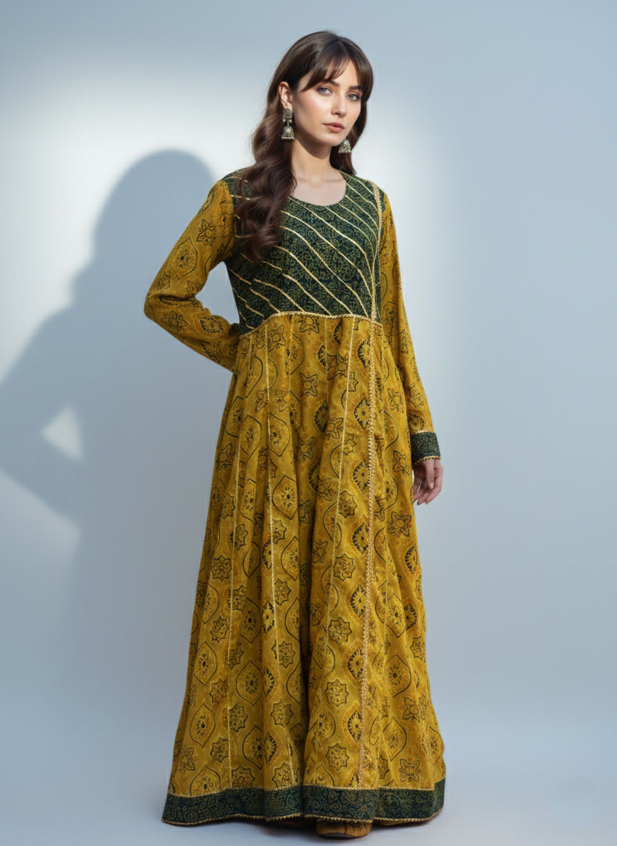 Ajrak Anarkali Mustard, Lawn, Gotta Lace & Green Bdam