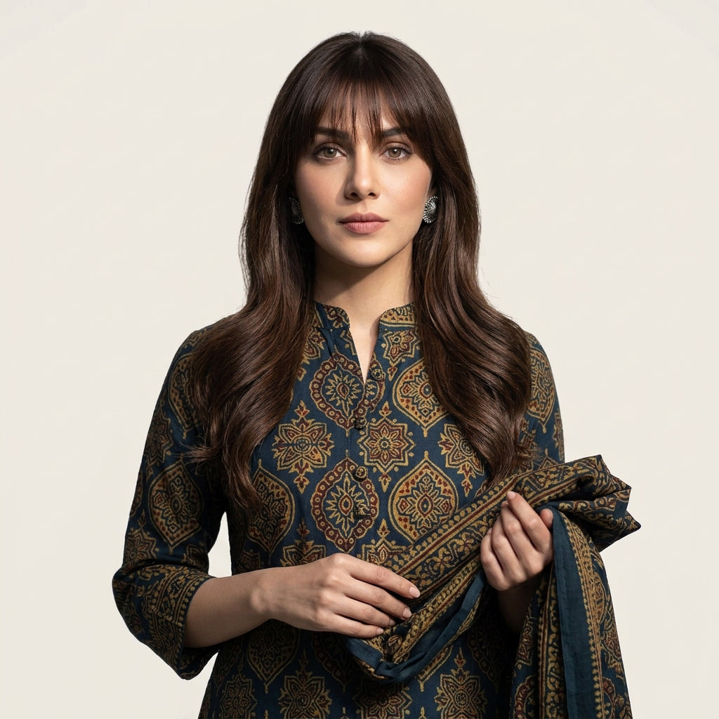 Ajrak Green Base Badam organic dyed hand block printed lawn shirt and dupatta