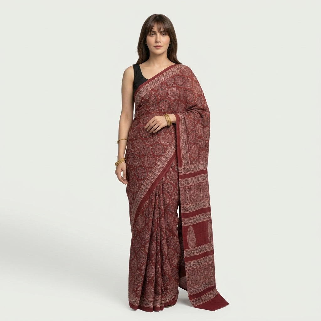 Ajrak Badam Red saree with matching blouse, traditional hand block printed design and elegant heritage motifs.