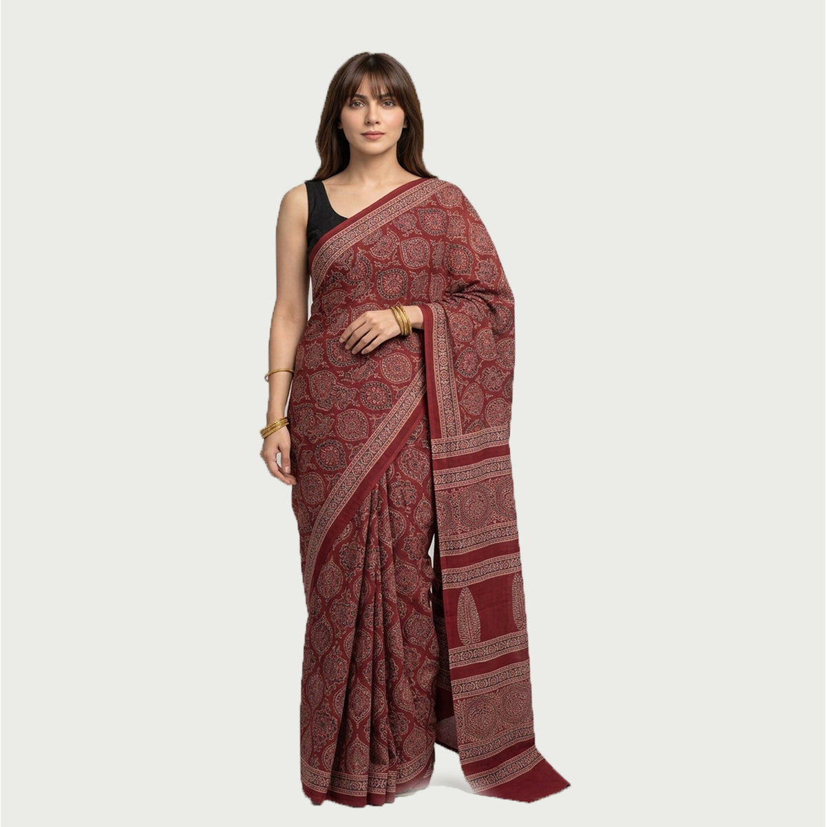 Ajrak Badam red lawn saree with matching blouse, traditional hand block printed Sindhi Ajrak design by Sartiyoon.