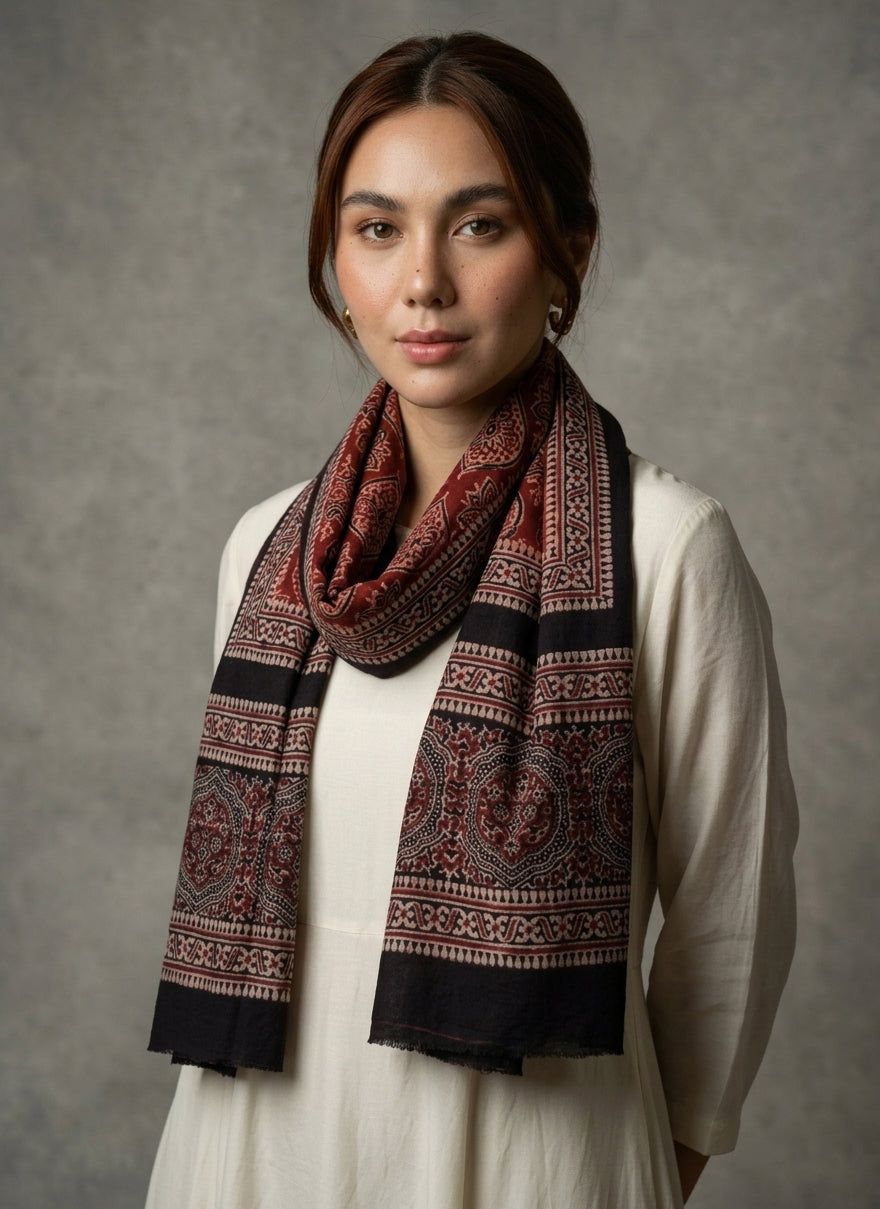 Organic dyed hand block printed Ajrak Badam two tone scarf in lawn fabric