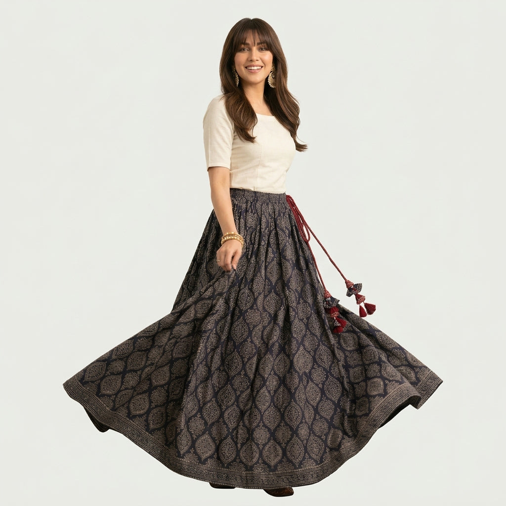 Black Ajrak skirt with traditional geometric motifs