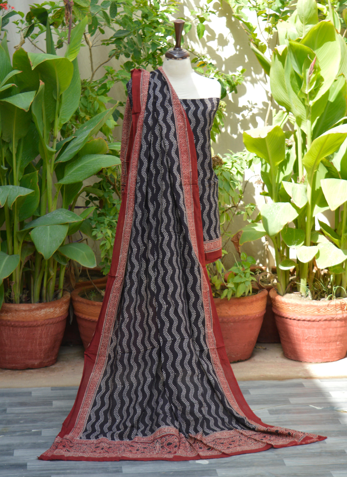 Ajrak Design Dress Black Bel hand block printed fabric featuring traditional patterns in organic dye