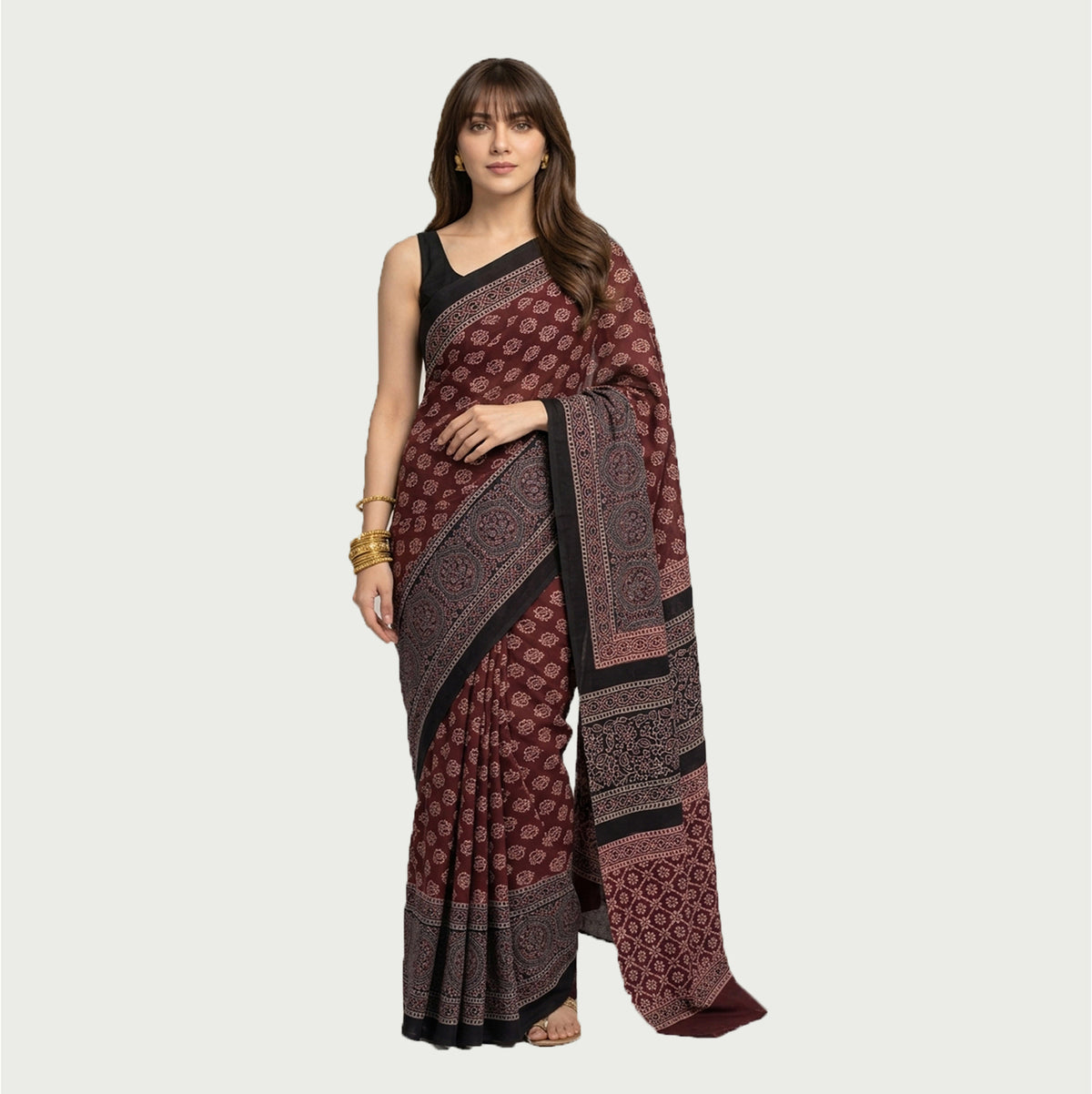 Ajrak floral maroon lawn saree with matching blouse, traditional hand block printed heritage design by Sartiyoon.