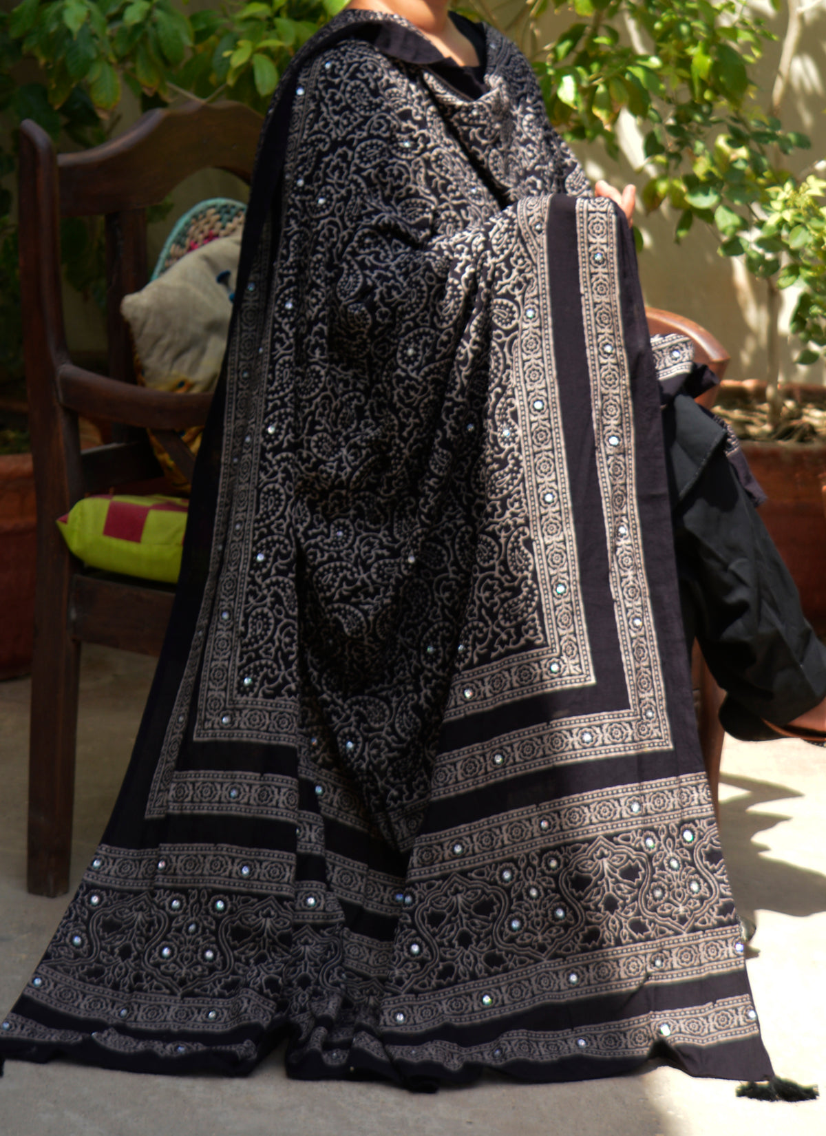 Organic dye black Ajrak chaadar with hand block print and Sitara sequin work