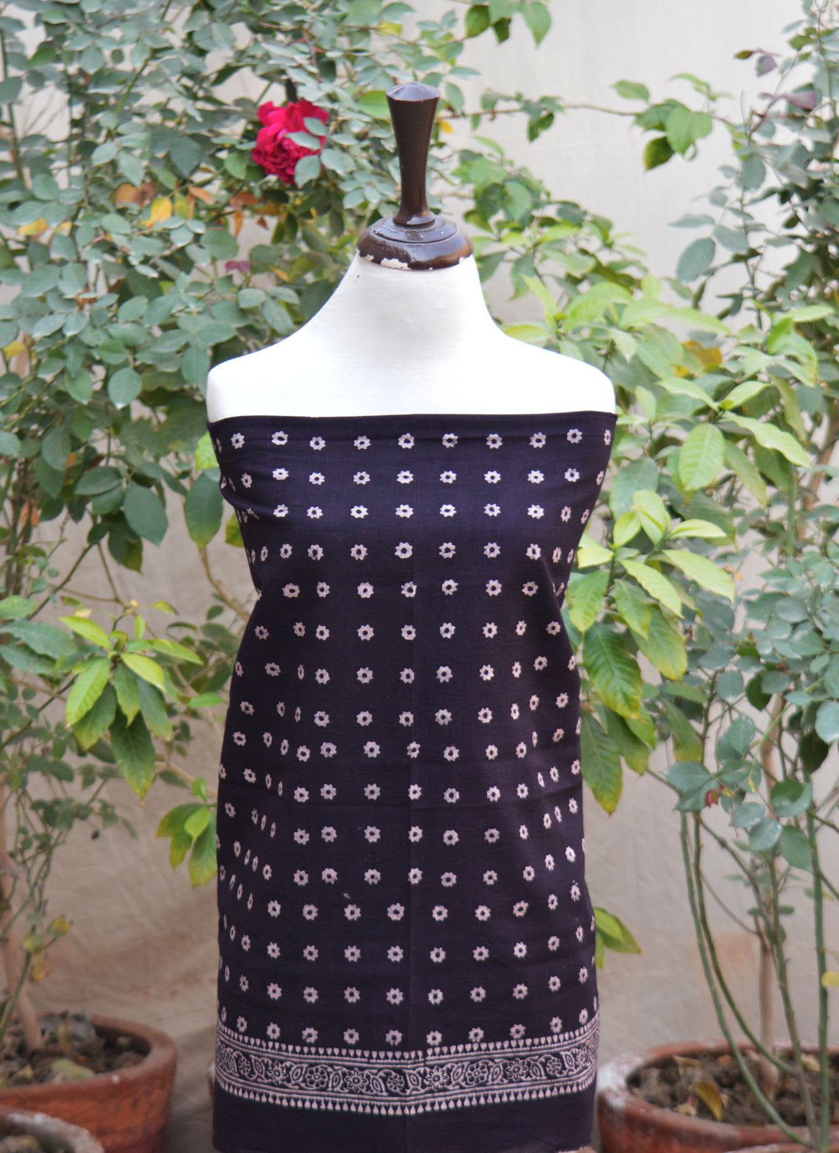 Ajrak Design Dress Cosmic Diamonds Black organic dye hand block printed lawn two piece shirt dupatta Pakistan