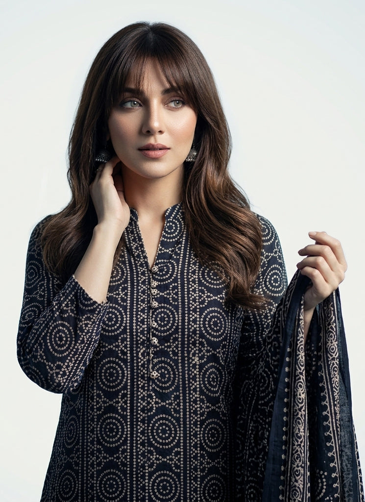 Ajrak Design Dress Chunri Black Lawn – Luxury Organic Dye Hand Block Printed Two-Piece Shirt & Dupatta by Sartiyoon