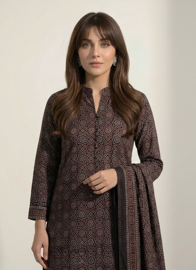 Organic Dye Hand Block Printed Ajrak Moroccan Two-Piece Lawn Set with unstitched shirt and matching dupatta featuring traditional Sindhi Ajrak motifs.