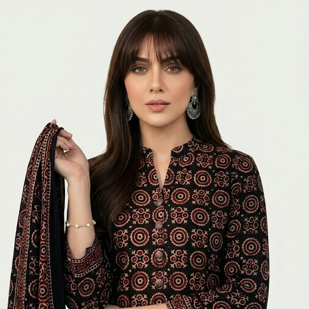 Ajrak Black Floranza Two-Piece, Organic Dye 