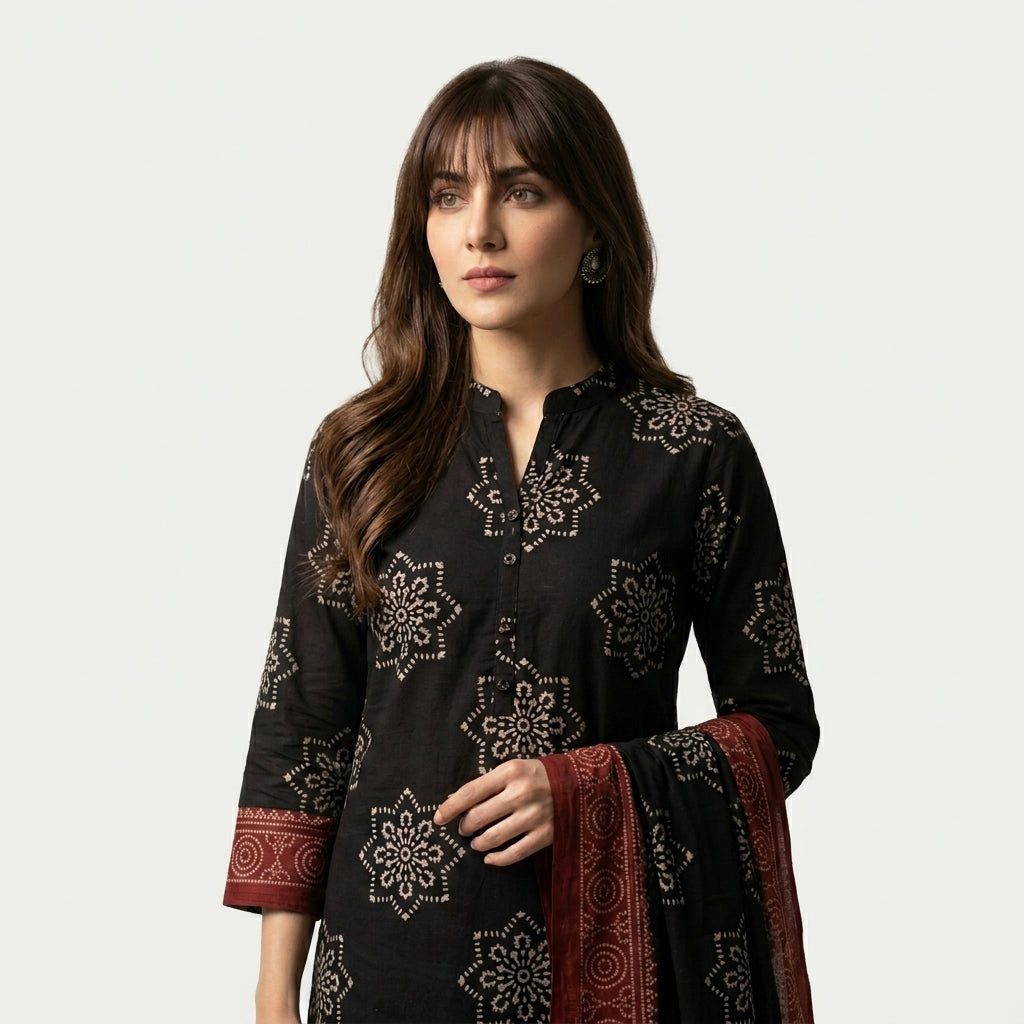 Ajrak Black Starry Two-Piece Dress with Star-Inspired Hand Block Print in Cotton or Lawn.
