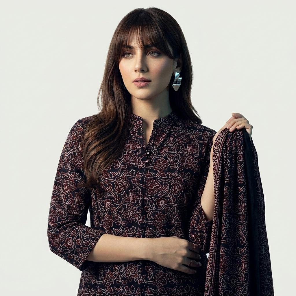 Ajrak Black Floral Bell Shirt and Dupatta Set with Traditional Hand Block Printed Design