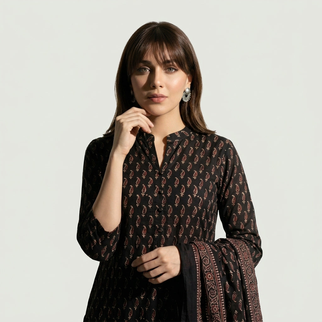 Ajrak Black Kerry unstitched two-piece suit with traditional hand block printed shirt and matching dupatta.