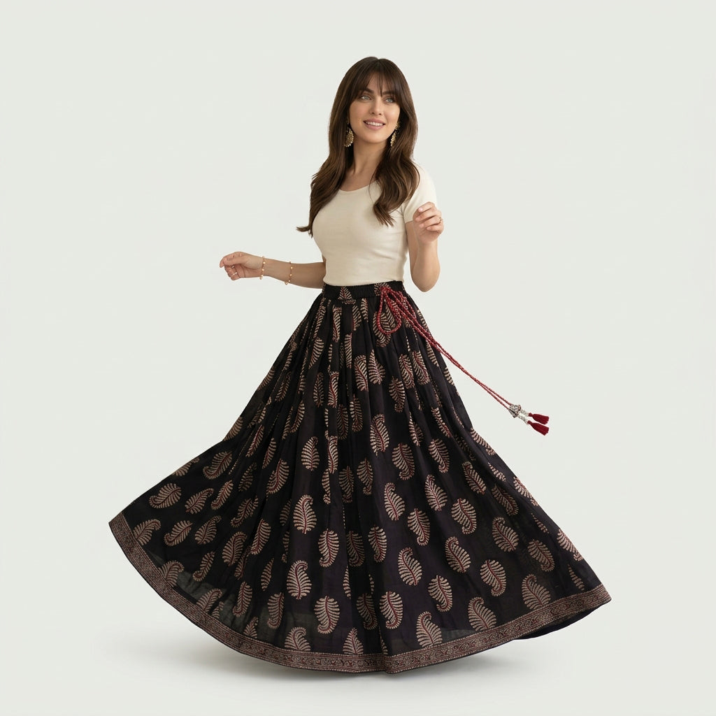 Long Ajrak skirt with a vibrant heritage-inspired print