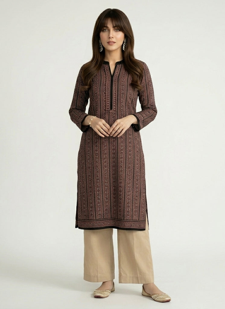 Black stripe hand block printed lawn kurta with calamansi color trouser Ajrak Design Dress