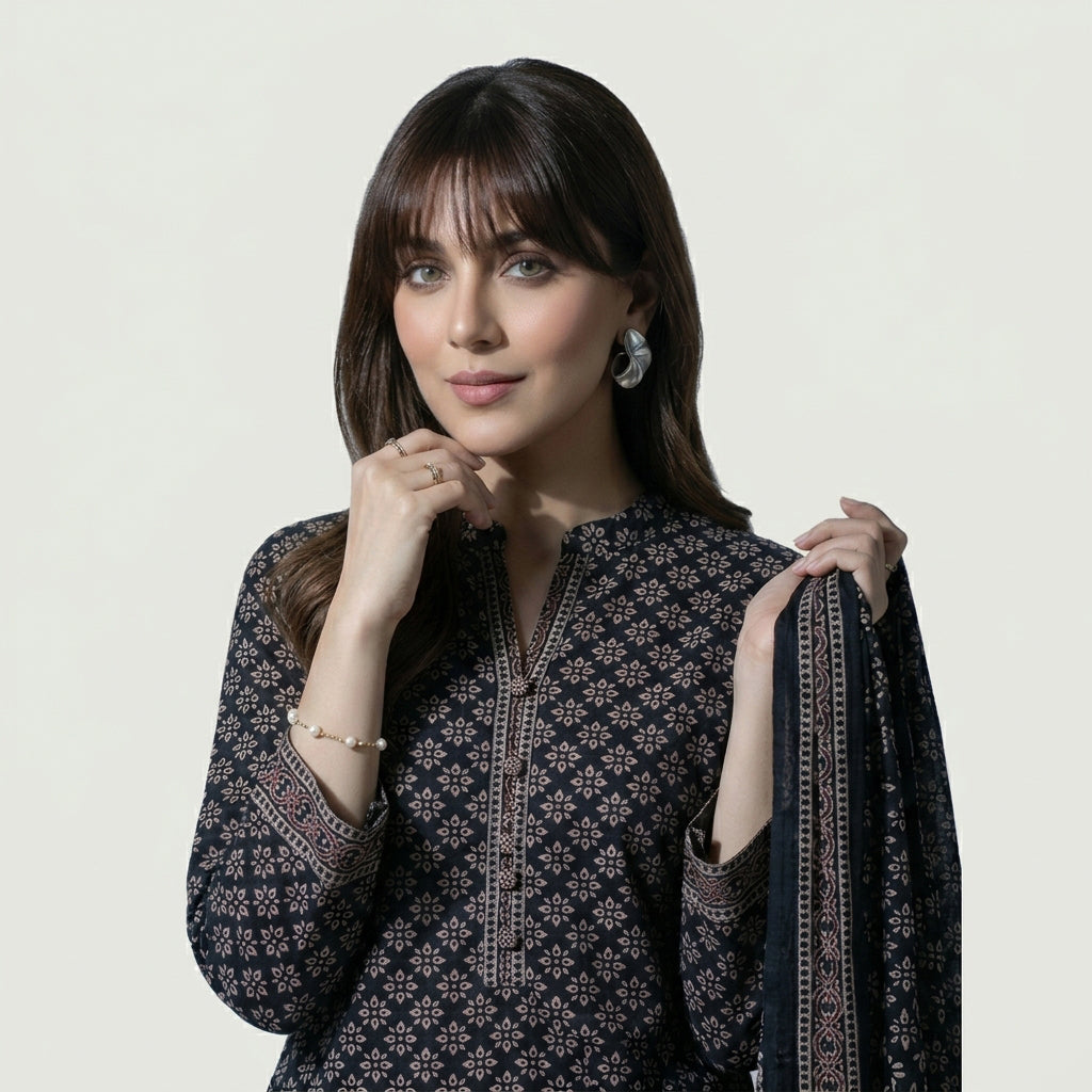 Ajrak Black Floral unstitched two-piece suit with traditional hand block printed shirt and matching dupatta.
