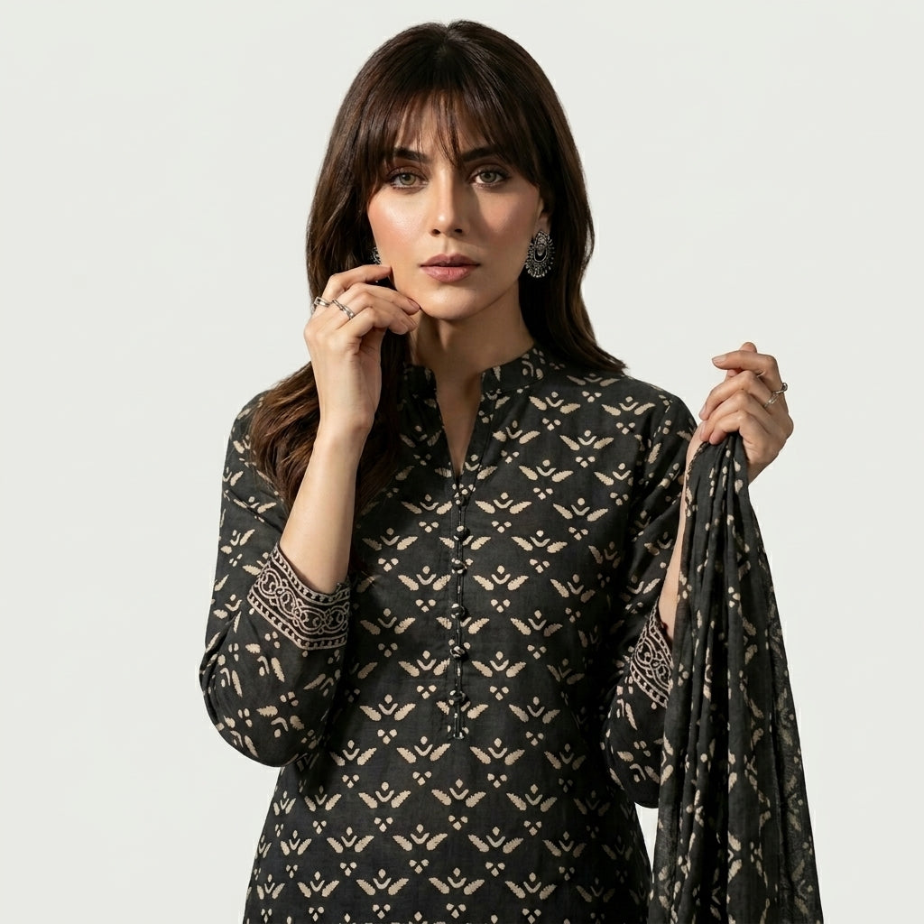 Ajrak Design Dress Pankhrri in deep black, unstitched lawn shirt and dupatta with geometric and floral hand block prints using organic dyes.