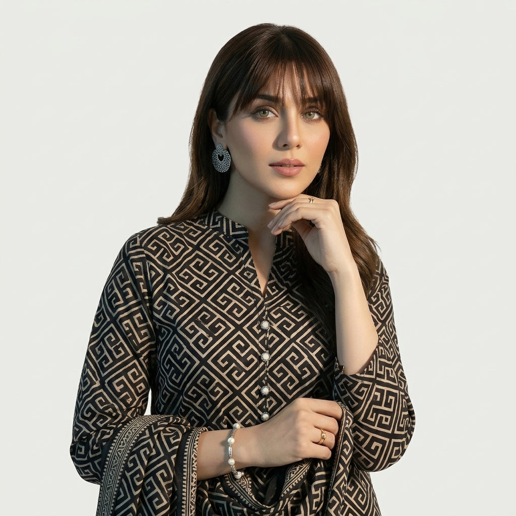 Ajrak Black Taskeen two-piece unstitched dress with traditional hand block printed motifs in cotton or lawn.
