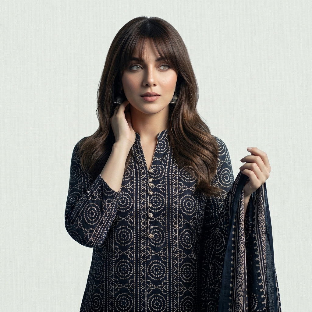 Ajrak Chunri Black two-piece dress with traditional hand block printed patterns and elegant black chunri design.