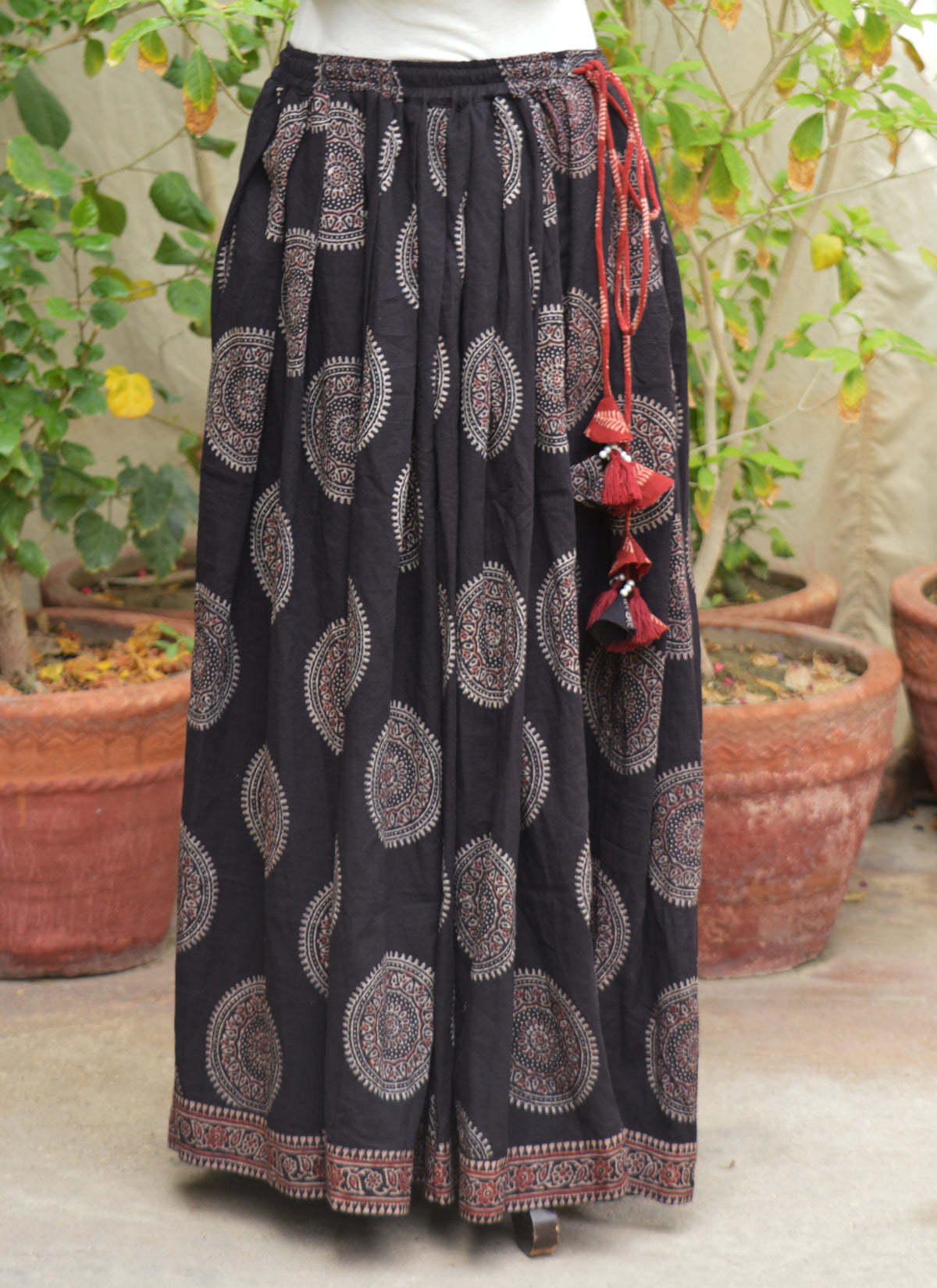 Women's Ajrak Design Dress black maxi skirt featuring traditional chakra motifs and premium lawn fabric