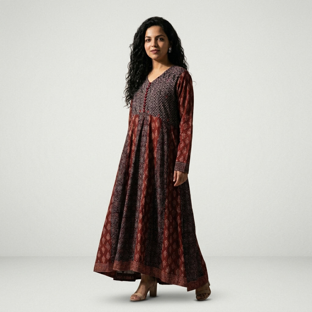 Ajrak Block Print Anarkali Dress with Mirror Embroidery – Traditional Handcrafted Ethnic Wear by Sartiyoon
