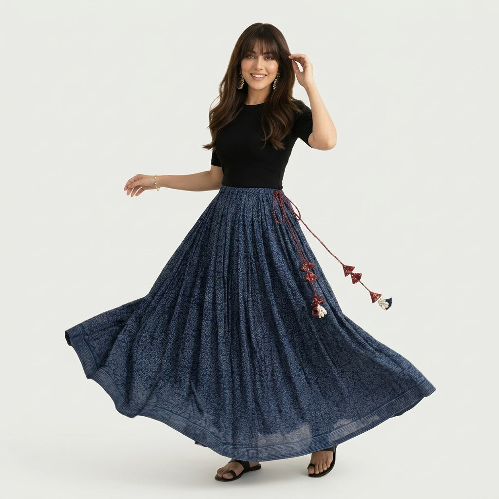 Tiered Ajrak skirt with a flowing full-length silhouette