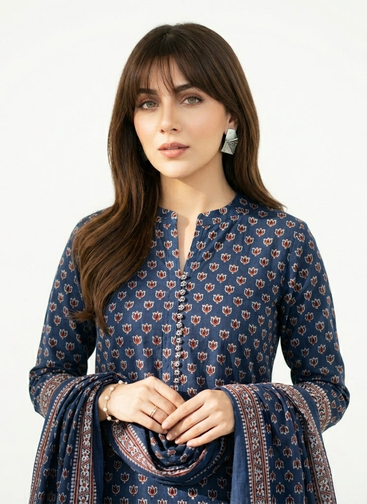 Blue lotus hand block Ajrak two-piece in lawn