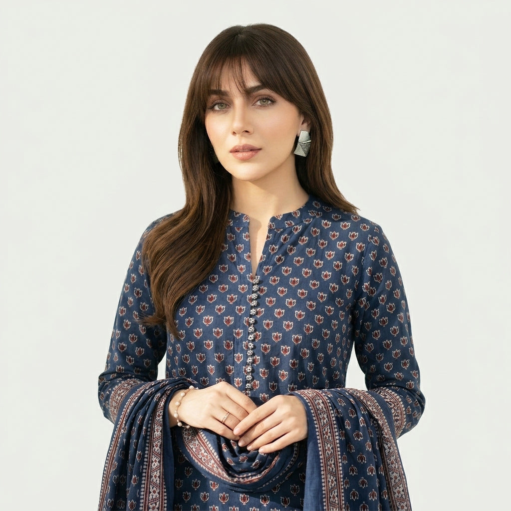 Ajrak Blue Lotus Two-Piece Suit with Traditional Lotus Motifs, Hand Block Printed Shirt and Dupatta in Lawn or Cotton.