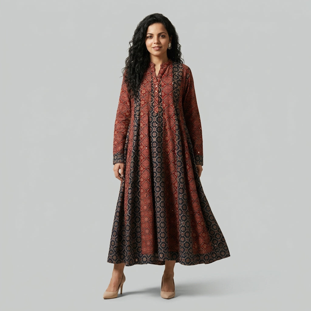 Ajrak Boho Maxi Dress with Patchwork Panels, Organic Dye Hand Block Printed Heritage Fashion by Sartiyoon.
