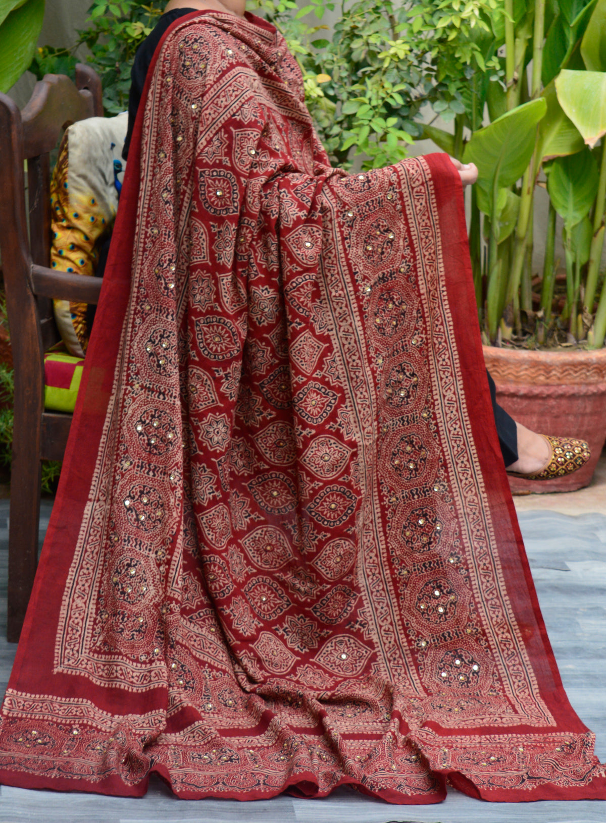 Organic Dye Hand Block Printed Ajrak Chaadar Red Badam with Sitara Embellishments and Thread Tassels – Traditional Sindhi Textile Art in Eco-Friendly Fashion