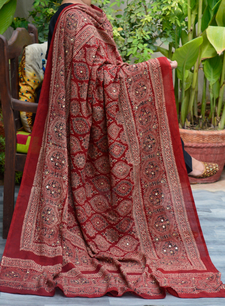 Ajrak Chaadar Badam ( Lawn & Cotton) – Red, Organic Dye Hand Block Printed