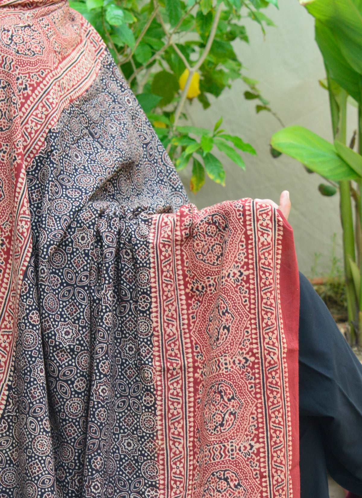 Organic dye Ajrak design dress chaadar, handcrafted in Sindh with centuries-old hand block printing.
