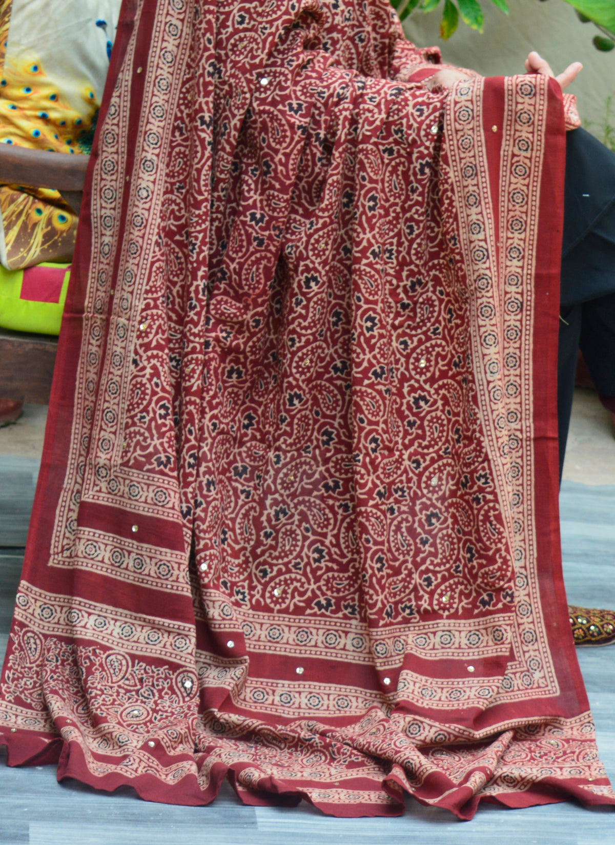 Handcrafted Ajrak Design Dress chaadar with natural dye, sitara work, and thread tassels.
