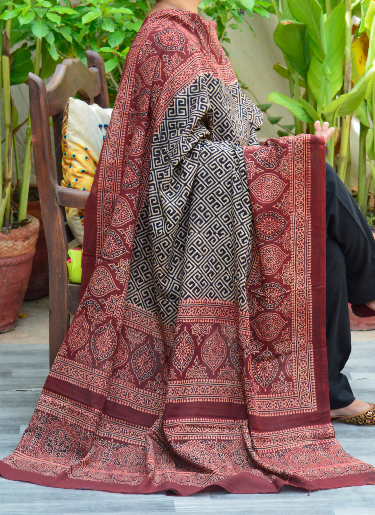 Lightweight Sindhi Ajrak chaadar with thread tassels and traditional eco-friendly hand block prints