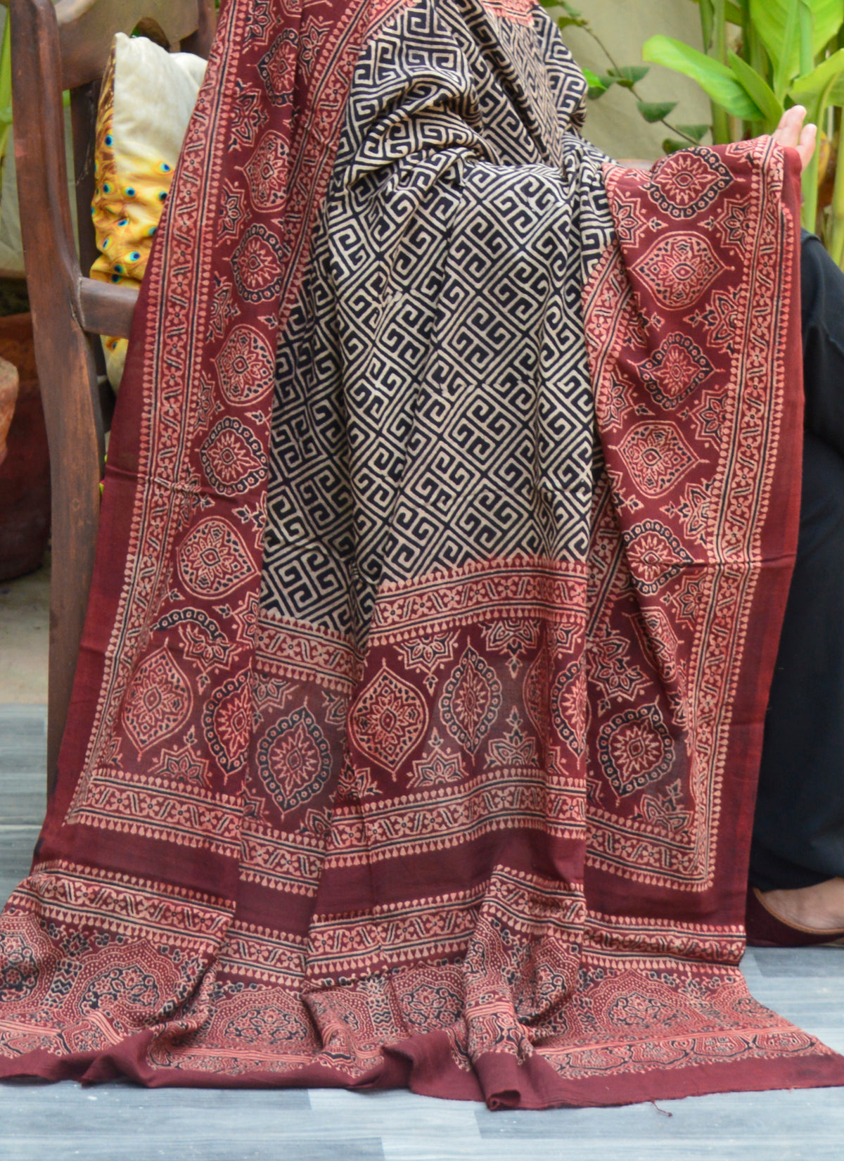 Ajrak Chaadar Taskeen with hand stitched tassels in organic dye hand block printed fabric