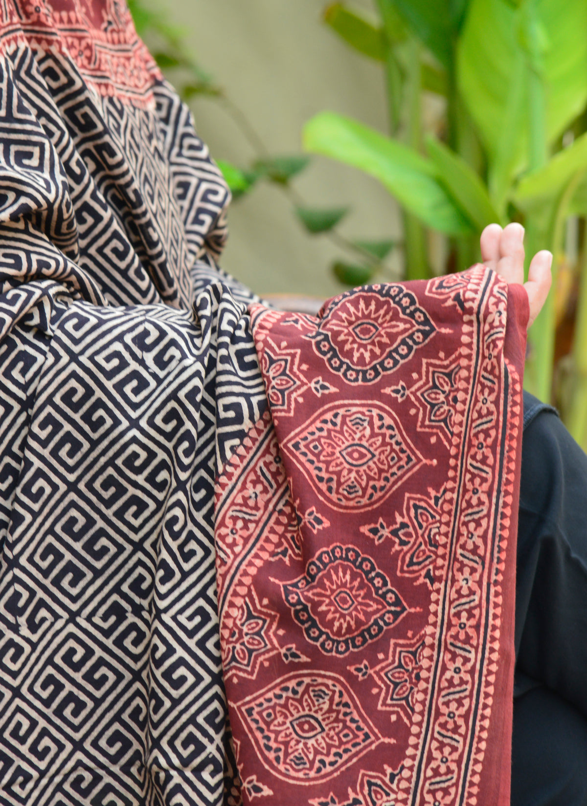 Organic dye Ajrak Design Dress wrap with tassel edging and heritage Sindhi craftsmanship